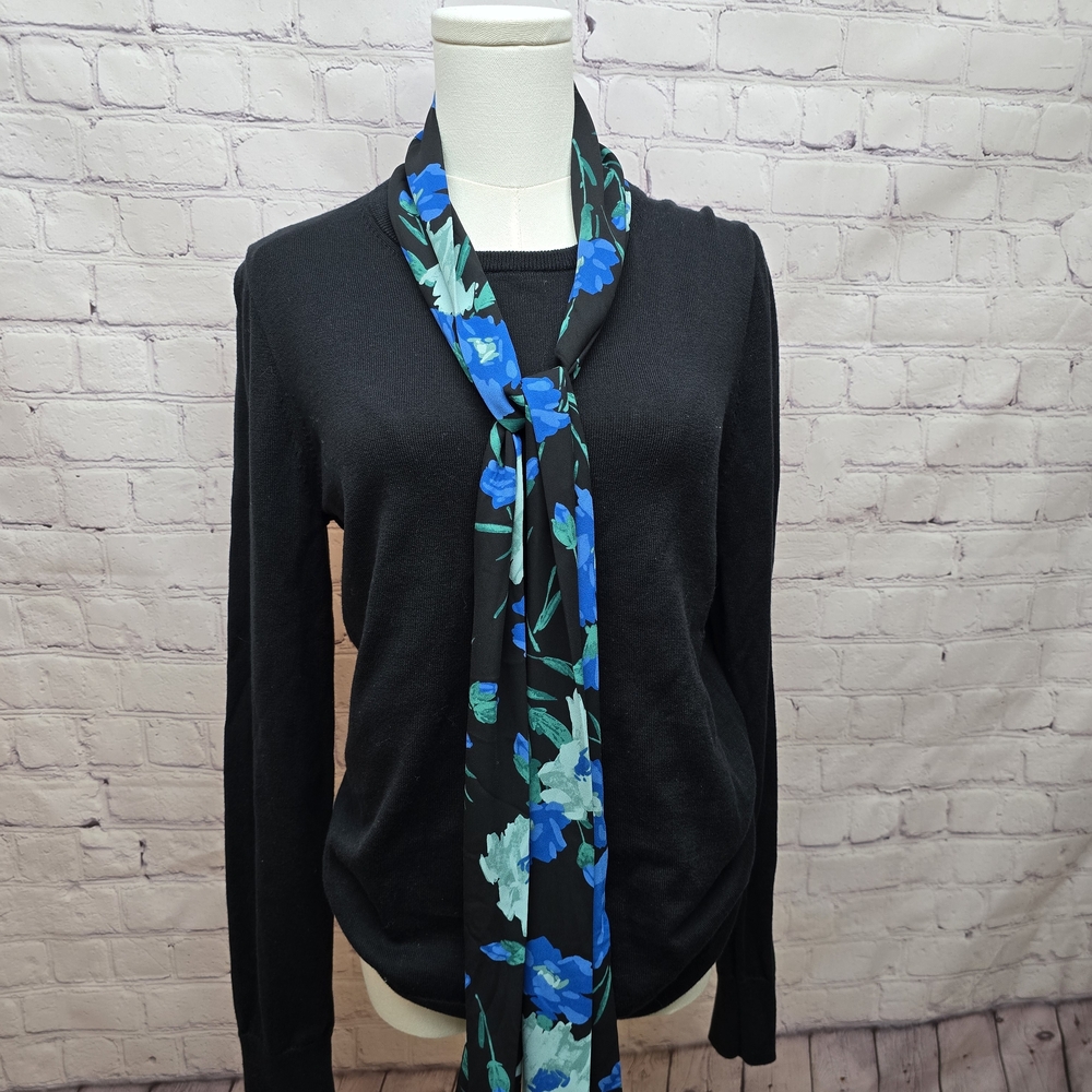 J. Crew Black Sweater with Blue Floral Scarf